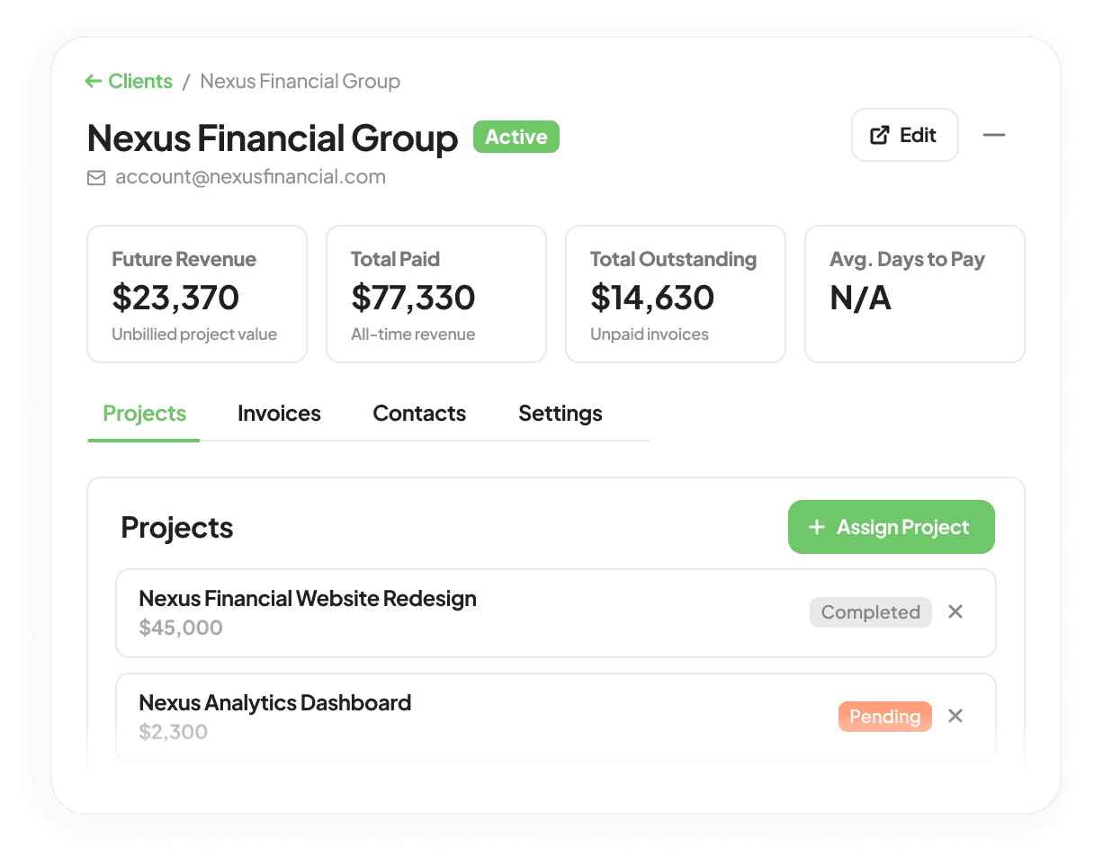 A client portal showing a project list, paid and outstanding totals at a glance.