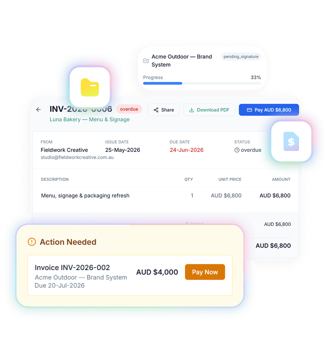 Client portal — an invoice with its Pay button, PDF download, overdue status, and an action-needed card with one-click Pay Now.